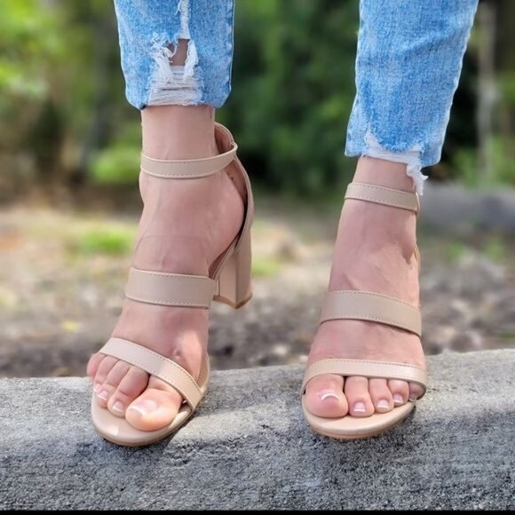 Womens Triple Straps Low Chunky Heels Sandals Nude Color‎ - Picture 1 of 4